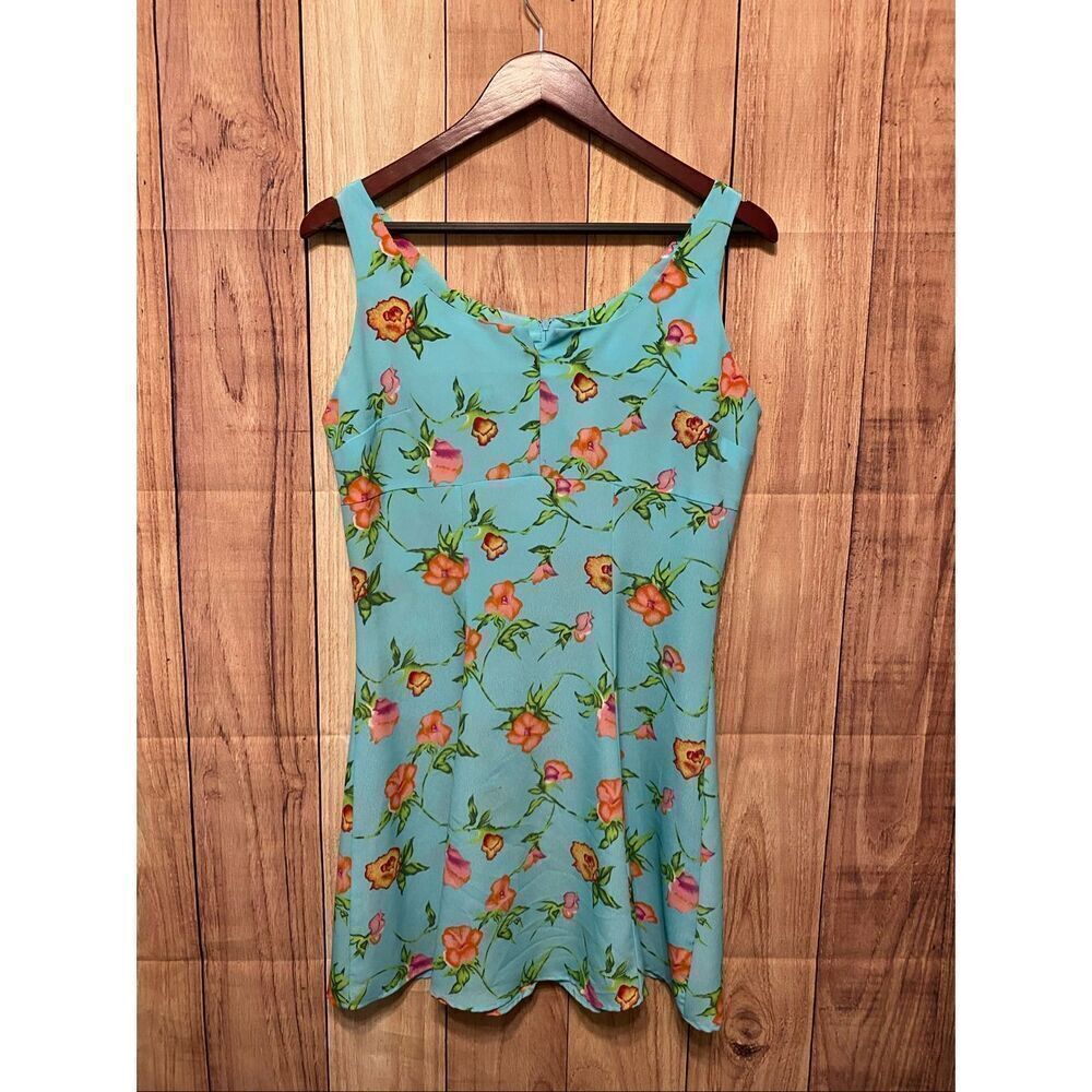 Frederick’s of Hollywood 7 (Small) vintage mini dress floral blue pink zipper